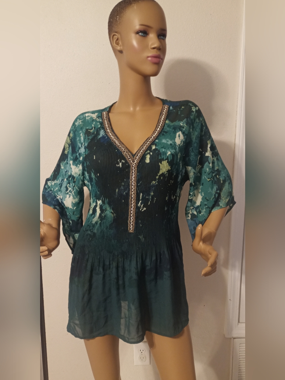 Catherines Teal and Dark Green V-Neck Printed Tunic with Beaded Trim